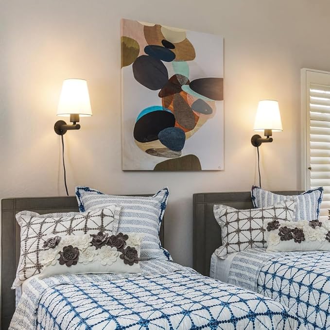 Black Plug in Wall Sconces Set of Two, Wall Lamp with Plug in Cord On/Off Switch, Black Wall Sconce Light Plug in, Bedside Wall Mounted Light with Fabric Linen, Wall Decor for Bedroom Living Room