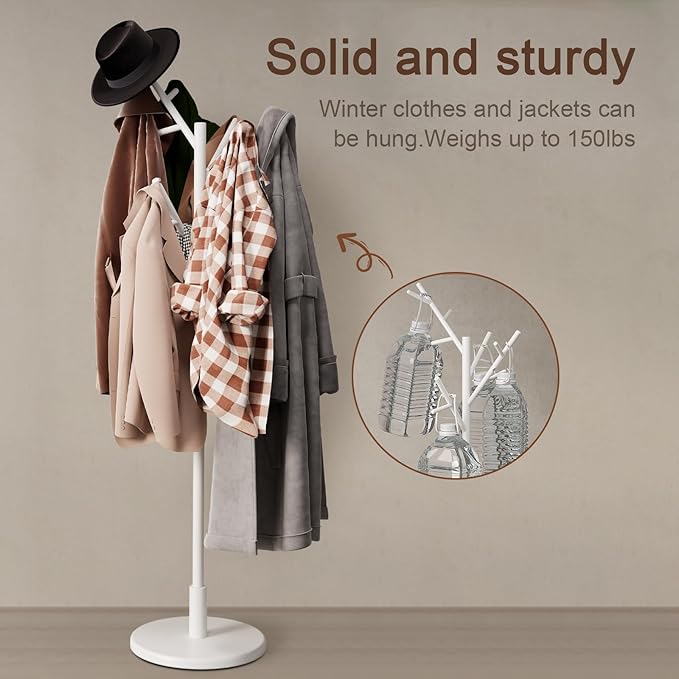 Coat Rack, Solid Wood Coat Rack Freestanding with 12 Hooks, Coat tree freestanding 3 Adjustable Heights for coat, Hats, Handbags，Coat Stand for Entryway,Bedroom (White)