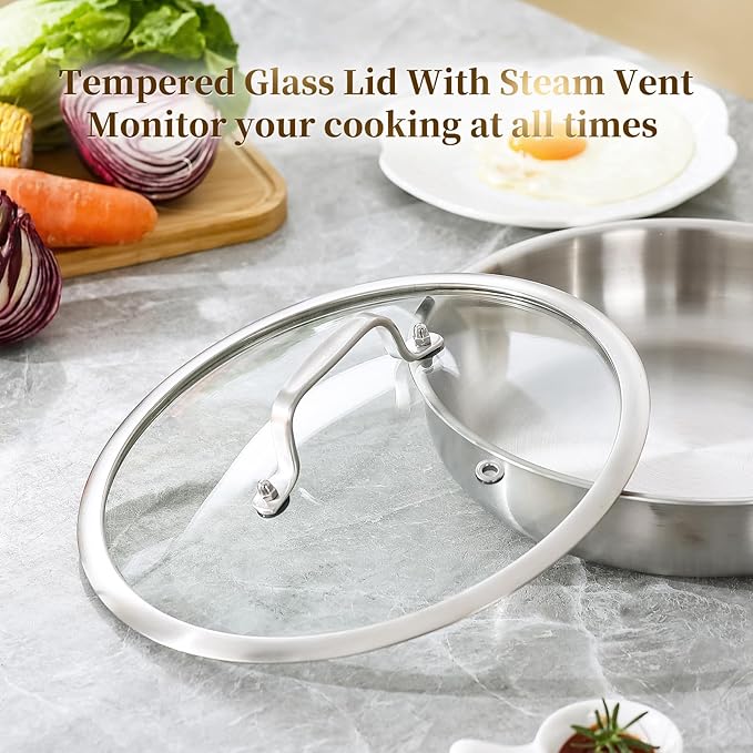 DELARLO Tri-ply Stainless Steel Kitchen Cookware Frying Pan Set with Lid 8" 10" 12" Induction large Skillets Chef's Pan,Pots and Pans Set Kitchen Cookware Set Suitable for All Stove