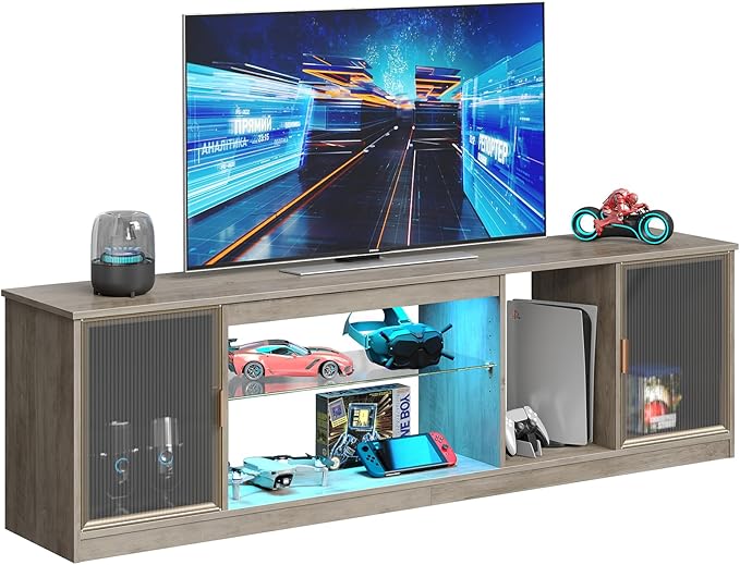 Bestier 70 inch TV Stand for TVs up to 80 Inch, LED Entertainment Center with Adjustable Glass Shelf & Translucent Doors Storage Cabinet for PS5 Xbox, Modern TV Console for Living Room, Washed Gray