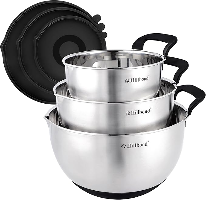 Hillbond Stainless Steel Bowls with Lids Set Mixing Bowls with Pour Spout, Silicone Handle and Non-Slip Bottoms for Baking, Metal Bowls Mixing Dishwasher Safe, Set of 3 (Black)