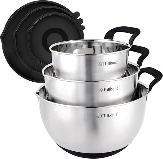 Hillbond Stainless Steel Bowls with Lids Set Mixing Bowls with Pour Spout, Silicone Handle and Non-Slip Bottoms for Baking, Metal Bowls Mixing Dishwasher Safe, Set of 3 (Black)