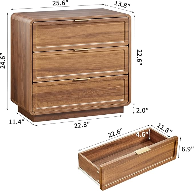 Turtle&Myrtle Modern 3 Drawer Dressers for Bedroom, 26'' Wide Wood Nightstand w/3 Storage Drawers, End Table, Dresser & Chest of Drawers with Curved Profile for Living Room Entryway, Brown