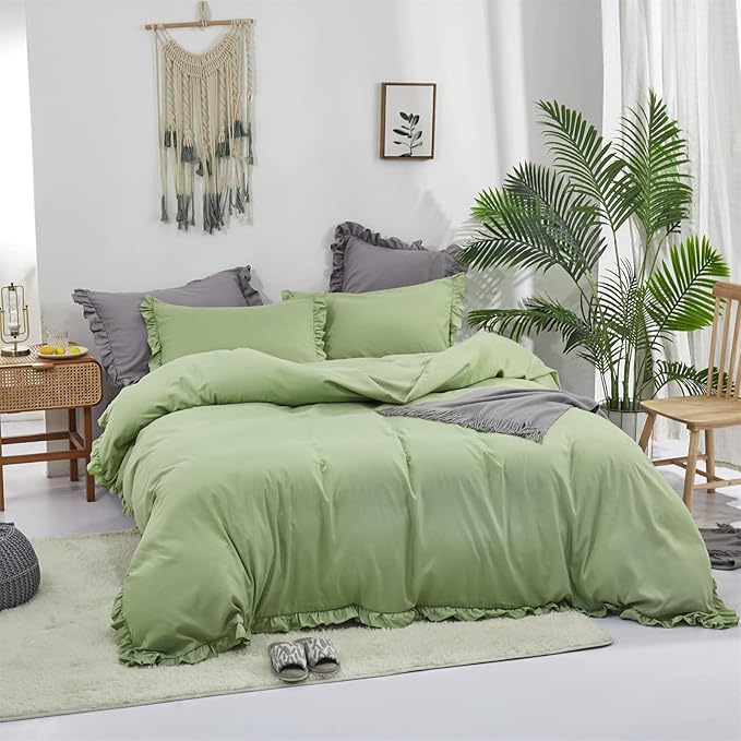 Luxlovery Sage Green Ruffle Comforter Set Queen Light Green Farmhouse Bedding Comforter Set Full Shabby Chic Solid Blanket Quilts Soft Breathable Vintage Bedding Set