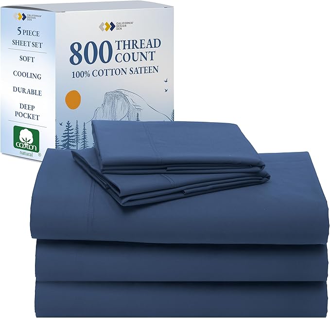 California Design Den Split King Sheets Sets for Adjustable Bed - Luxury Hotel 800 Thread Count Sateen, Natural 100% Cotton Bed Sheets, Deep Pockets with Anti-Skid Elastic, Cool & Durable - Navy Blue