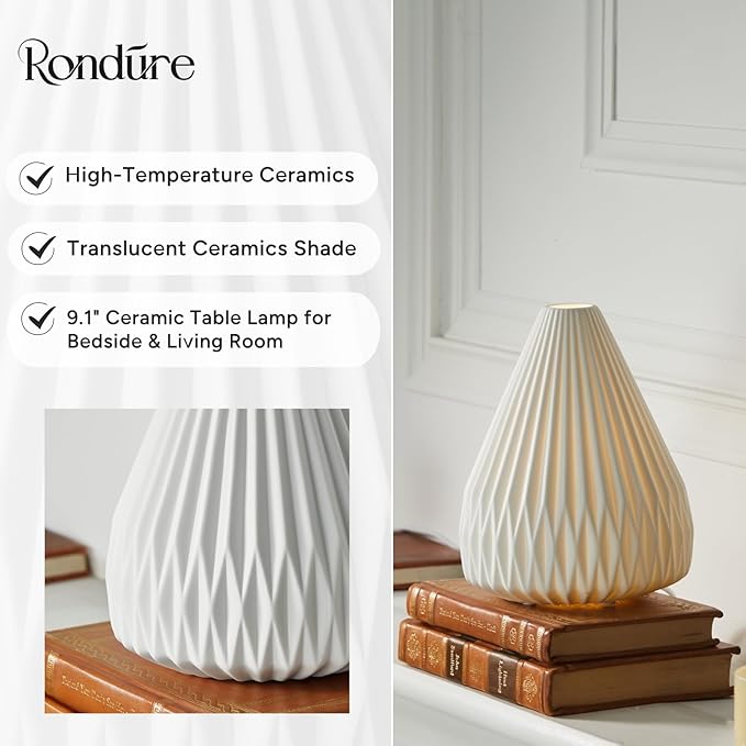 RONDURE 9.1" Modern Ceramic Table Lamp, Modern Bedside Lamps for Bedroom, Living Room and Nightstand, White Translucent Ceramic Shade, Warm Ambient Lighting, Home Decor