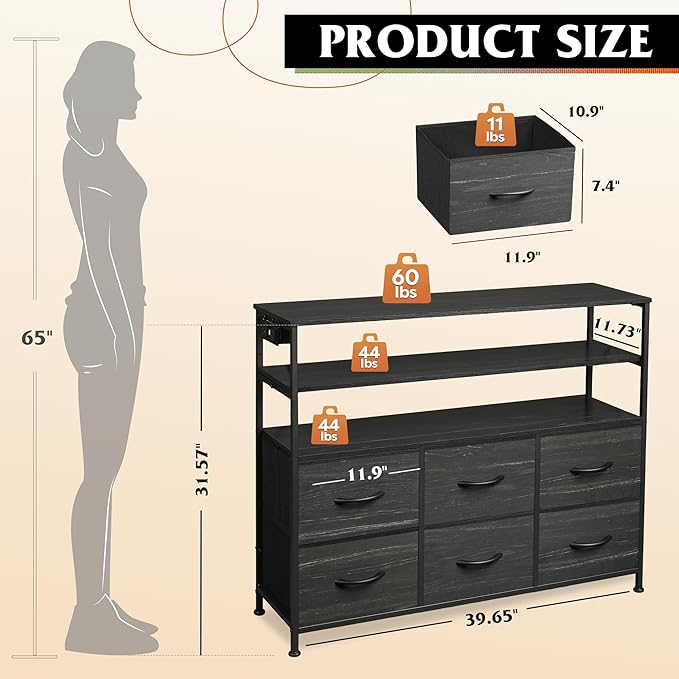 WLIVE Black TV Stand for 40, 45 inch TV, Entertainment Center with LED Lights & Charging Station, TV Media Console Table with 6 Fabric Drawers and Open Shelves for Living Room, Hallway, Wood Top