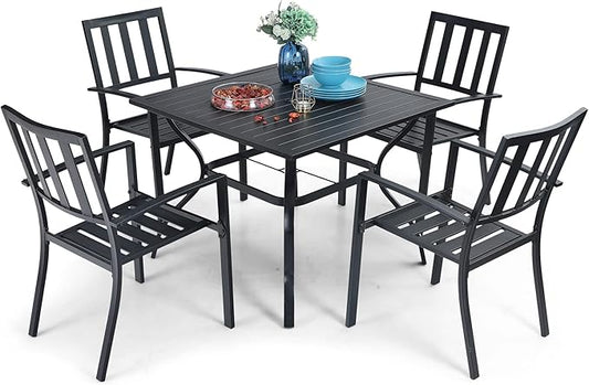 PHI VILLA 5 Piece Outdoor Dining Table Set for 4, 37” Square Metal Dining Table with Umbrella Hole & Stackable Steel Chairs for Patio, Deck, Yard