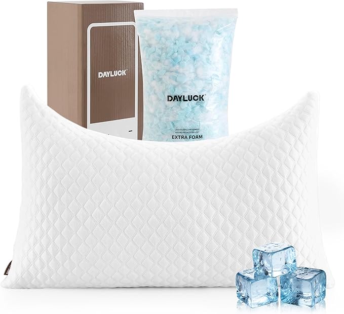 Cooling Pillow for Side Sleepers - Ergonomic Curved Design & Adjustable Shredded Memory Foam for Neck/Shoulder Pain Relief, Queen Size Bed Pillow with Washable Cover & Extra Fill (Crescent White)