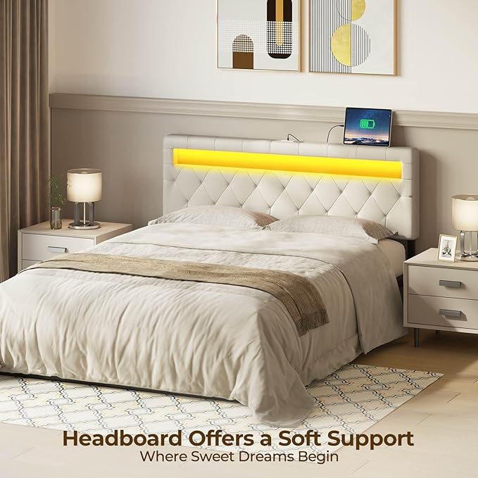 GREENSTELL Headboard for Full Size Bed with 60,000 DIY Color of LED Light, USB & Type C Post, Attach Frame, Height Adjustable, White Leather Wall Mounted Head Boards Only, Sturdy & Stable, Full