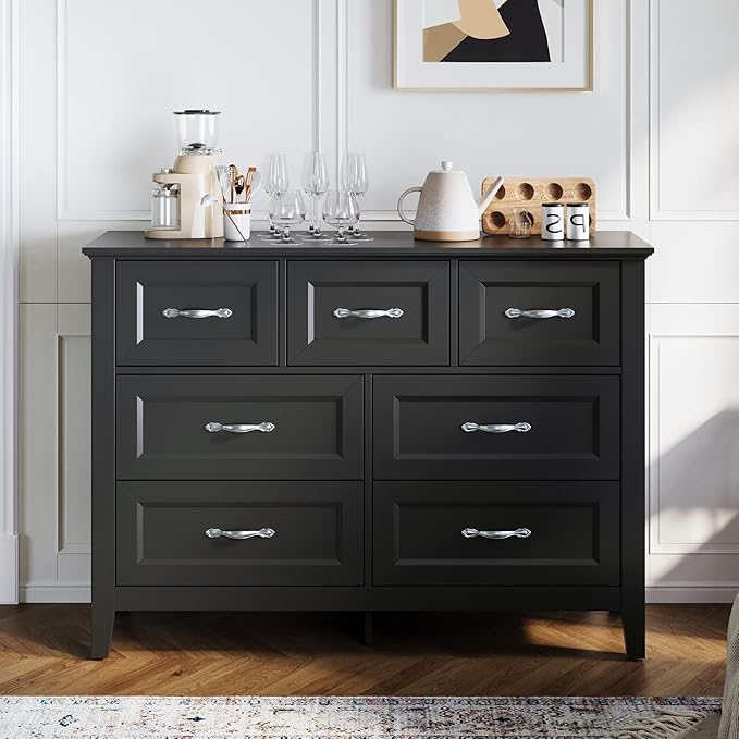 LINSY HOME Black Dresser for Bedroom, Long Dresser with 7 Drawers, Wood Chest of Drawers with Metal Handles, Ideal for Living Room, Entryway and Hallway