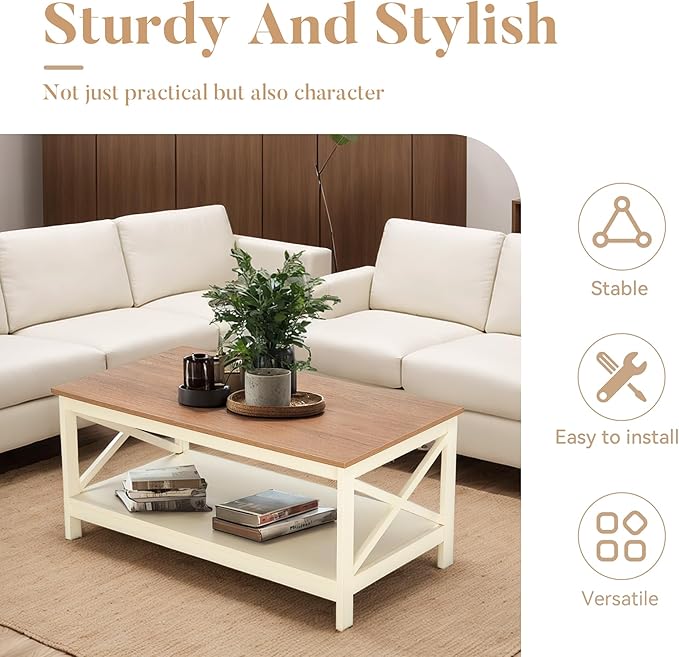 ALPHA HOME Coffee Table with Storage, Farmhouse Coffee Tables for Living Room 2-Tier Modern Coffee Table, Ivory