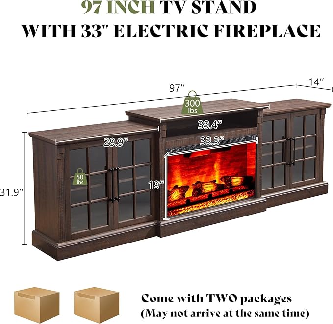 AMERLIFE 97" Farmhouse Fireplace TV Stand, Entertainment Center with Large Storage Space and Adjustable Shelf, Media Console for Living Room, Rustic Brown