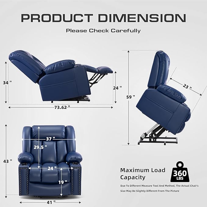 Large Power Lift Chairs Recliners for Elderly with Massage and Heat, Overstuffed Wide Lift Chair of Breathable Leather, OKIN Motor, USB-A & USB-C, 2 Cup Holder,2 Side Pocket Blue