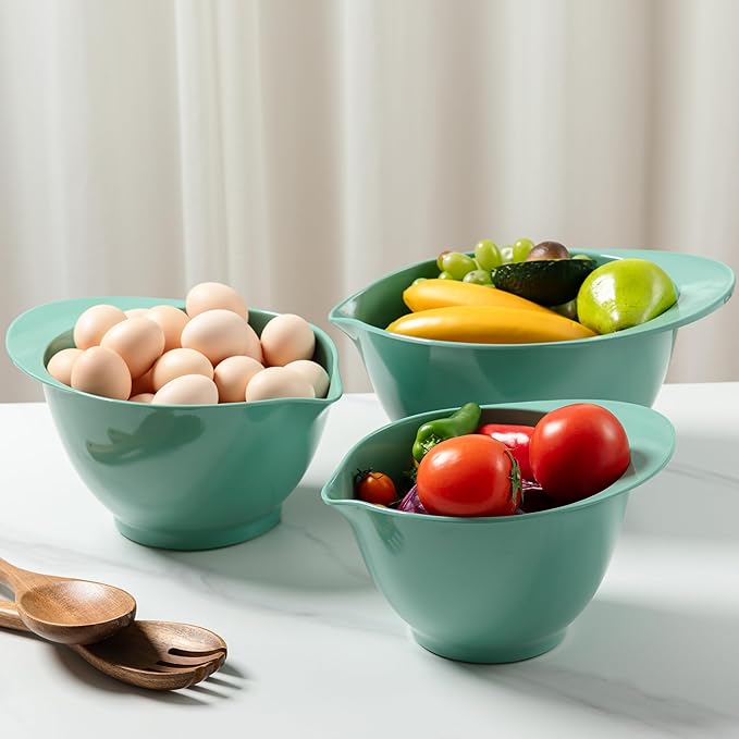 LEHAHA Mixing Bowls with Pour Spout, set of 3, Non-Slip, Nesting and Saving Space Design, Versatile Melamine Bowl with large handle for Prepping, Baking, Cooking, Kitchen Cooking and Baking. Green
