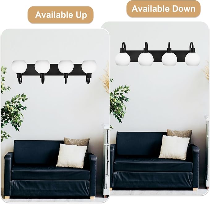 WINSEHN 28.7 Inch Black Bathroom Light Fixtures, 4-Lights Bathroom Vanity Light Over Mirror with Milk White Globe Glass, Modern Wall Mounted Vanity Light for Hallway Bedroom E26 Bulb Base