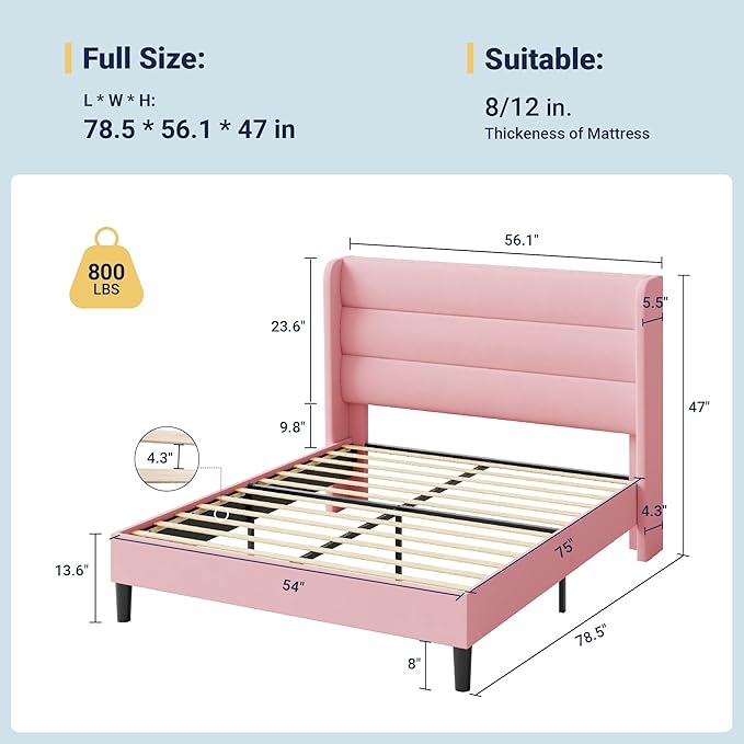 Allewie Full Size Platform Bed Frame with Velvet Upholstered Wingback Headboard, No Box Spring Needed, Under Bed Storage Space, Strong Wooden Slats, Modern Mattress Foundation, Easy Assembly, Pink