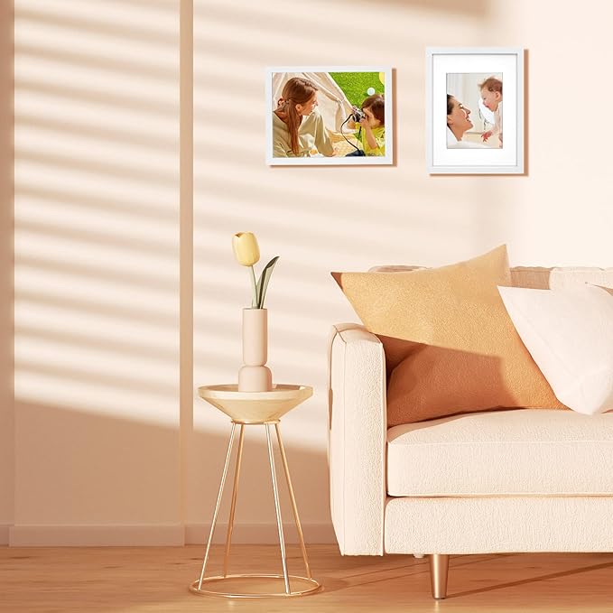 Egofine 9x12 Picture Frame Made of Solid Wood White Covered by Plexiglass, Wood Frame for Pictures 5x7 / 6x8 with Mat or 9x12 without Mat, Tabletop and Wall Mounting Display