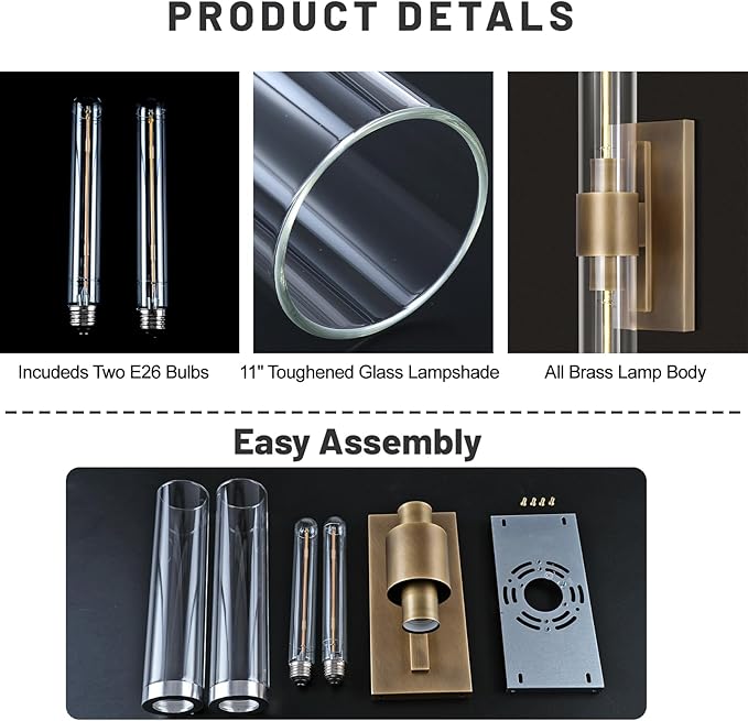 Brass Bathroom Vanity Wall Sconces, 2-Light Glass Tube Wall Sconces, 24 Inch Horizontal or Vertical Linear Wall Sconces,Gold Vanity Light, Indoor Wall Sconces, E26 Bulb Included