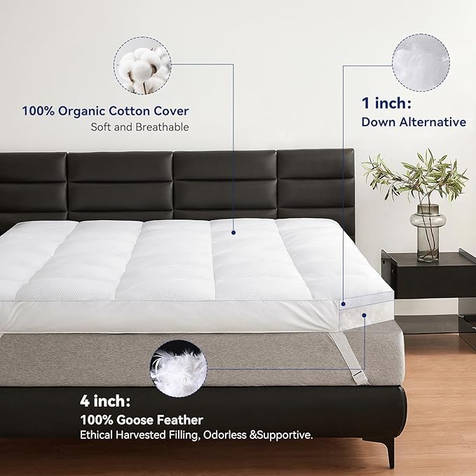 Dual Layer 5 Inch Goose Feather Mattress Topper Queen Size, 4 Inch Goose Feather Plus 1 Inch Down Alternative Pillow Top, Medium Firm Featherbed with Adjustable Straps(60"x80", Wavy)