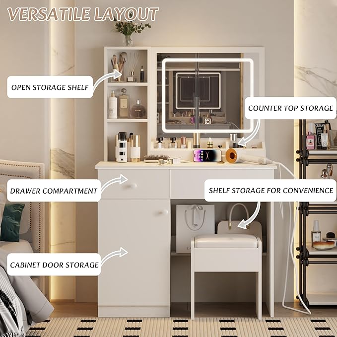 Dressing Table Set, Large Storage Space vanity with Mirror, Power Outlet, Makeup Vanity Bench with 2 Drawers Cushioned Stool for Beauty Storage & Cosmetics, Vintage Vanity Desk for Women (White)