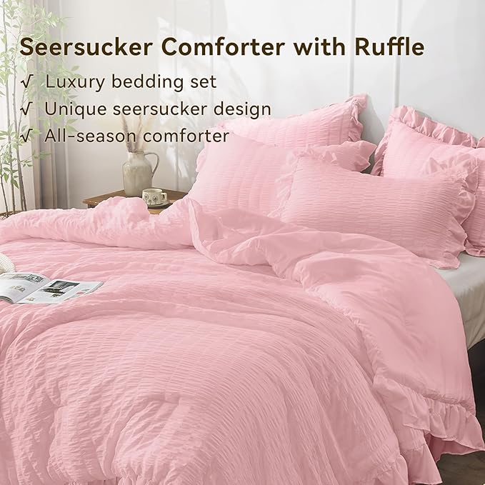 JOLLYVOGUE Pink Twin Size Comforter Set, 2 Pieces Seersucker Lightweight Fluffy Bedding Set, Twin Ruffle Comforter, All Season Soft Microfiber Shabby Chic Bed Set
