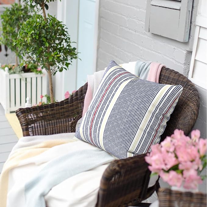 Outdoor Pillows for Patio Furniture 18x18 inch, Square Outdoor Throw Pillows with Inserts, Decorative Toss Pillows for Garden Couch Home Sofa Office Chair, Pack of 2, Stripe Denim Blue