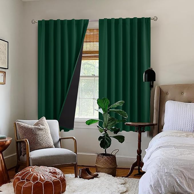 BGment Thermal Insulated Curtains 54 Inches Long with Liner, 100% Blackout Double Layer Noise Reduce Room Darkening Rod Pocket and Back Tab Curtains for Bedroom (52 x 54 Inch, 2 Panels, Emerald)