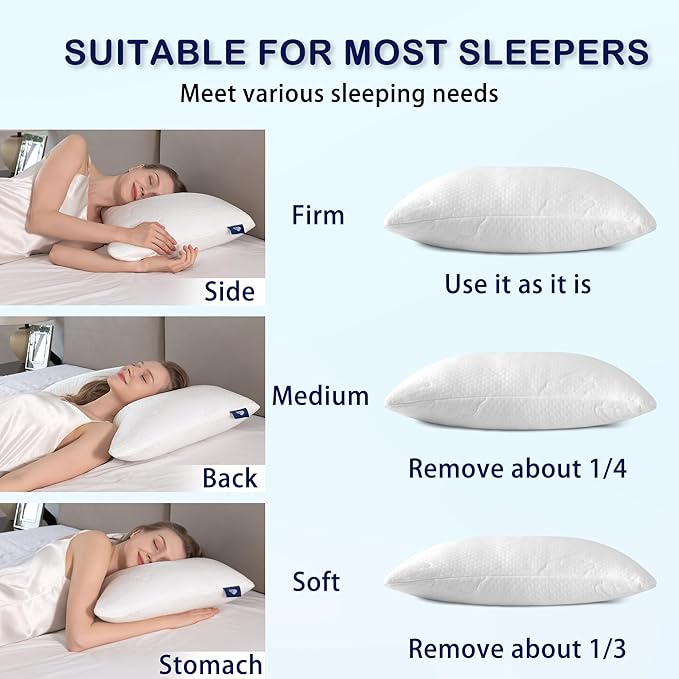 Cooling Side and Back Pillow - Comfort for Neck and Shoulder Pain - Crush Memory Foam Cooling Pillow, Adjustable Soft Bed Pillow,Crescent White-Cooling++, Queen+Extra Fill Pack of 1