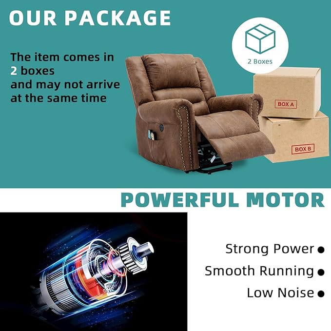 MEETWARM Large Power Lift Electric Recliner Chair for Elderly with Massage and Heat, Overstuffed Wide Recliner, Heavy Duty Sofa for Living Room with 2 Remote Control/USB Ports/Side Pockets(Brown)
