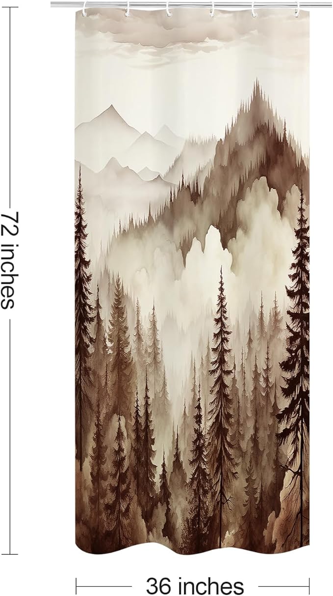 Brown Small Stall Misty Pine Forest Shower Curtain 36 x 72, Tan Mountain Foggy Woodland Scenery Tree Narrow Half Size Shower Curtains for Bathroom, Abstract Waterproof Nature-Themed Decor