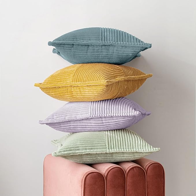 MIULEE Decorative Throw Pillow Covers for Couch Bed Livingroom 18x18 Inch Set of 2 Purple Boho Accent Throw Pllows Broadside Striped Patchwork Soft Corduroy Pillowcases