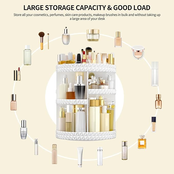 360 Rotating Makeup Organizer, DIY Adjustable Cosmetics Organizer[Patented Product], Professional Acrylic Make Up Caddy Shelf Storage Perfume, Lipsticks, Makeup Brushes or Accessories (White)