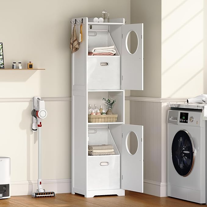 Laundry Hamper Cabinet, Tall Bathroom Storage Cabinet with 2 Removable Laundry Storage Baskets, Hidden Laundry Hamper with 2 Doors and Double Clothes-Toss Round Holes for Bathroom, White