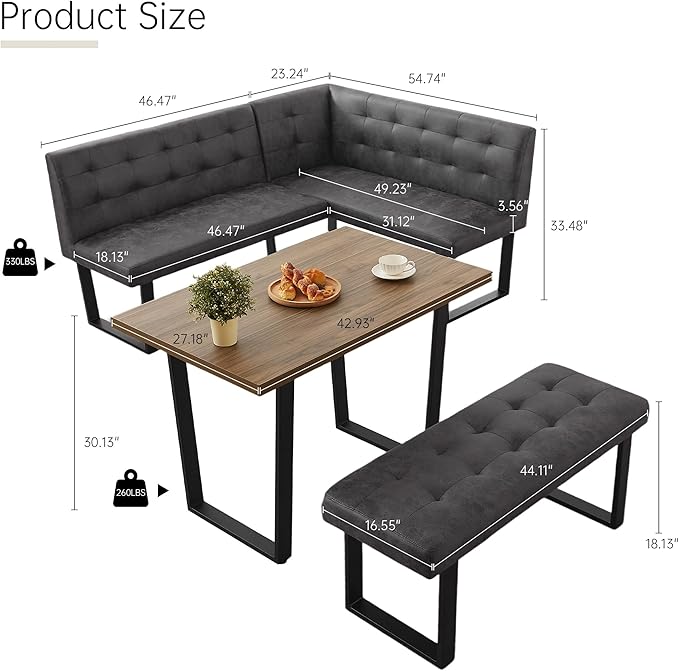 3-Piece Corner Dining Table Set with Bench, 70 Inch Space-Saving Breakfast Nook for Kitchen & Dining Room(Walnut Table & L-Seat Grey Bench)