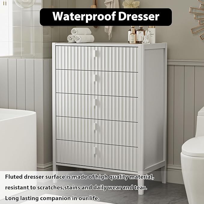 White 5 Drawer Dresser, Fluted Wood Chest of Drawers for Bedroom, Modern Dresser with Deep Drawers for Clothes, 32 Inch Tall Nightstand for Bedroom, Living Rooms, Offices, and Entryways