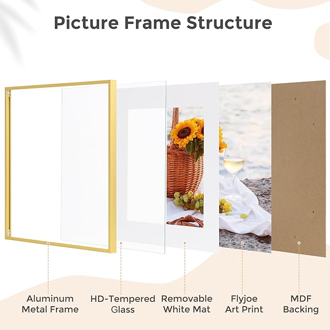 16x16 Metal Square Picture Frame For Wall With Mat For 12x12, 16''x16'' Aluminum Photo Frames With Tempered Glass For Home Decor, Minimalist Modern Poster Frame Horizontally Vertically, Gold