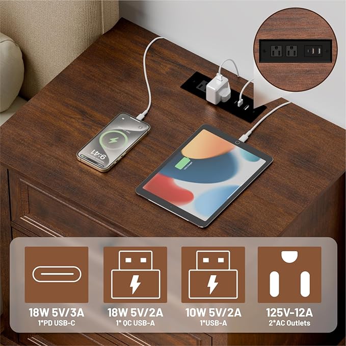 3 Drawer Dresser, Chest of Drawers with Charging Station, 24” Wide End Table with 3 Drawers, Modern Bedside Table with Storage, Wooden Small Dresser. (Cherry)