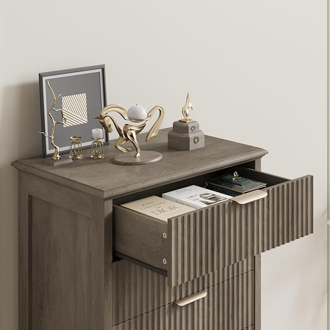 QUW Fluted 6 Drawer Dresser for Bedroom, Modern Tall Chest of Drawers with Metal Handle, Large Wood Storage Chest Organizer Accent Storage Cabinet for Living Room, Hallway, Entryway, Grey