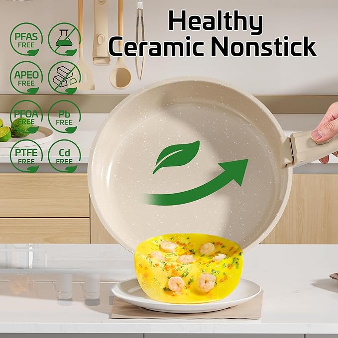 26 Pcs Pots and Pans Set Non Stick, Ceramic Cookware Set Non Toxic with Detachable Handles, Healthy Induction Cookware Dishwasher Oven Safe RV Kitchen Set, PFAS PFOA & PTFE Free, Taupe