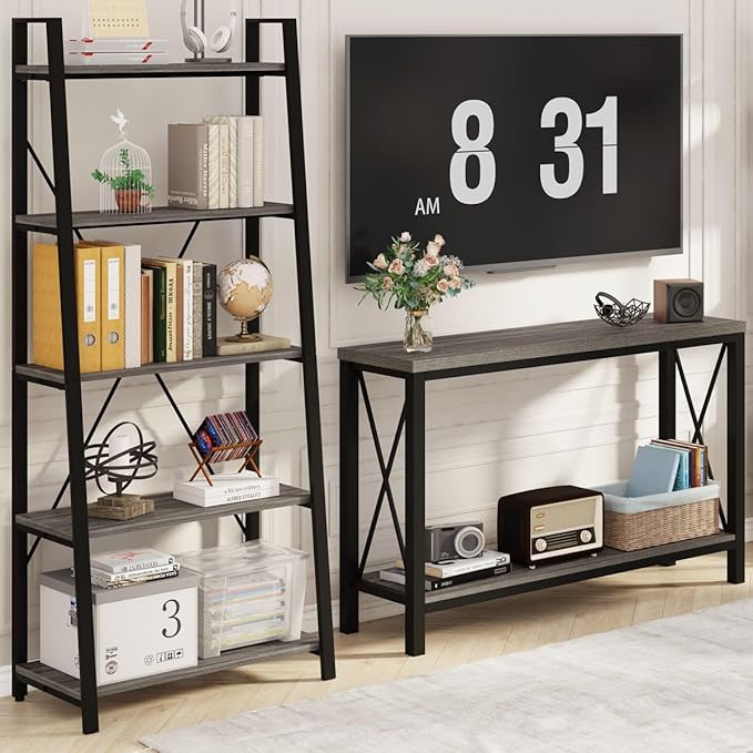 BON AUGURE Console Tables for Living Room, Industrial Couch Table Behind Sofa, Wood Metal Entryway Tables for Hallway, Entry Way Table for Foyer, Entrance, Front Door (Dark Grey Oak, 47 Inch)