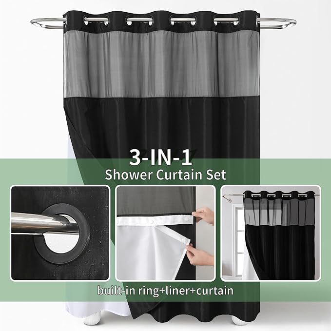 Black No Hook Shower Curtain with Snap-in Fabric Liner Set,Slub Textured Fabric Shower Curtains for Bathroom,Hotel Style Modern Shower Curtain,Water Repellent & Washable,71x74(72)