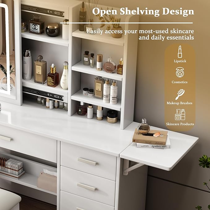 Stylish Vanity Desk with Mirror and Lights, White Dressing Table Set with Chair, 5 Drawers & Open Shelves, Adjustable 3-Color LED Lighting, Perfect for Bedroom Makeup