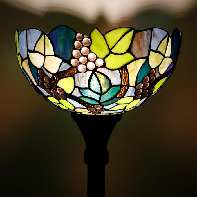 Tiffany Floor Lamp Torchiere Stained Glass Torch Lamp 12X12X67 Inch Antique Standing Corner Light (Amber Grape)