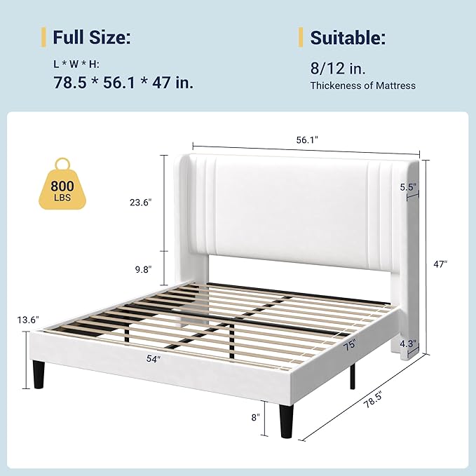 Allewie Full Size Velvet Platform Bed Frame with Vertical Tufted Wingback Headboard, Easy Assembly, Under Bed Storage, No Box Spring Required, Modern Style, White