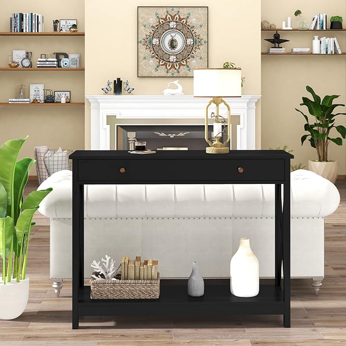 Treocho Black Console Table with Drawer and Storage Shelves, Foyer Sofa Table Narrow for Entryway, Living Room, Hallway