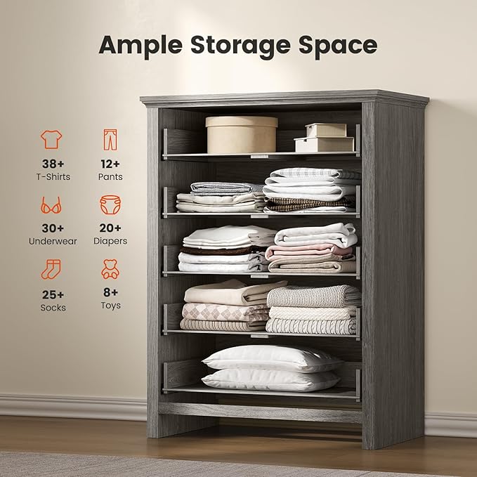 Amada 5 Farmhouse Dresser for Bedroom with Wood Drawers, Anti-Tip Design for Safety and Stability, Large Drawers, Rustic Farmhouse Chest of Drawers for Bedroom, Hallway, Gray