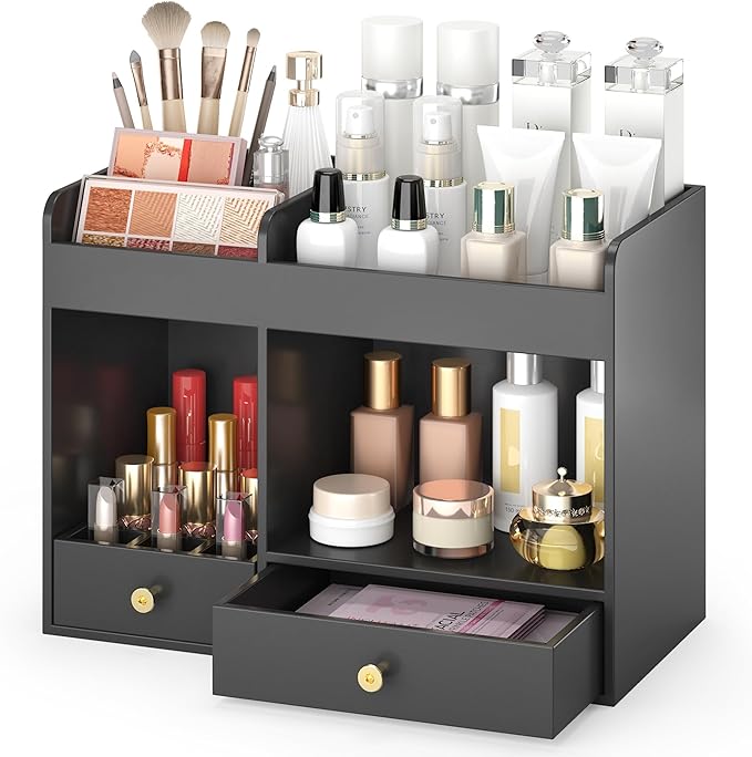 Makeup Organizer with Drawers, Bamboo Countertop Cosmetic Storage for Dresser Vanity Organizer Beauty Desk Skincare Holders Container Make Up Organizing for Lipstick