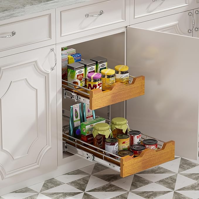DINDON 2 Tier Pull Out Cabinet Organizer (11" W x 21" D) Slide Out Wood Shelf Organizers Double Tier Kitchen Wire Basket with Chrome Finish…