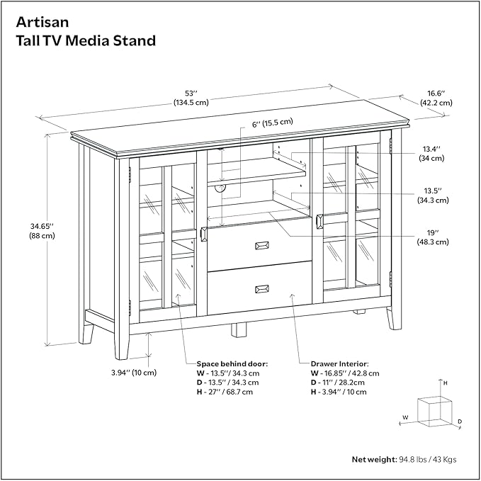 SIMPLIHOME Artisan SOLID WOOD 53 Inch Wide Transitional TV Media Stand in Natural Aged Brown for TVs up to 60 Inches, For the Living Room and Entertainment Center